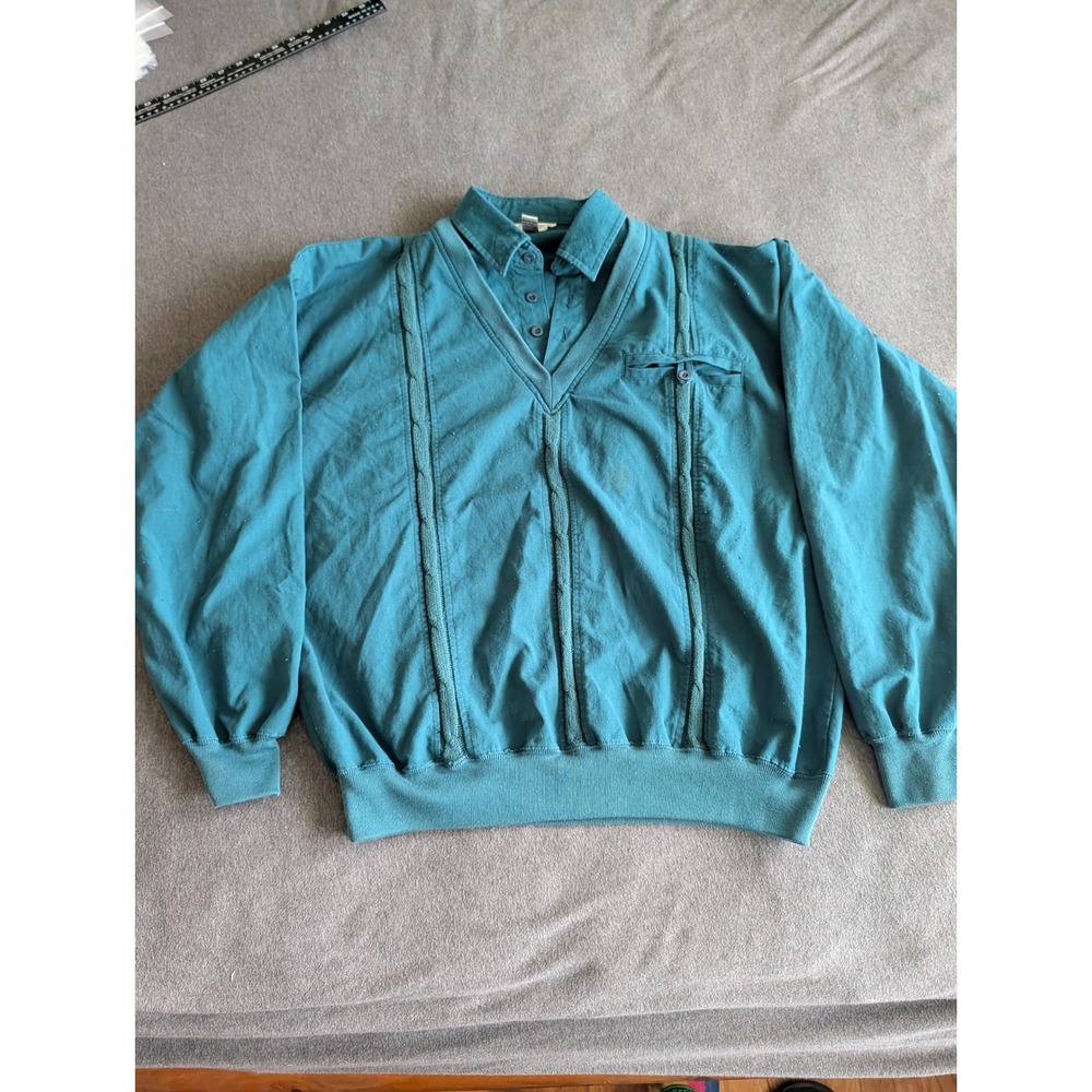 Vintage Alan Alexxus Teal Green Faux Layered Collared Pullover Sweater XL